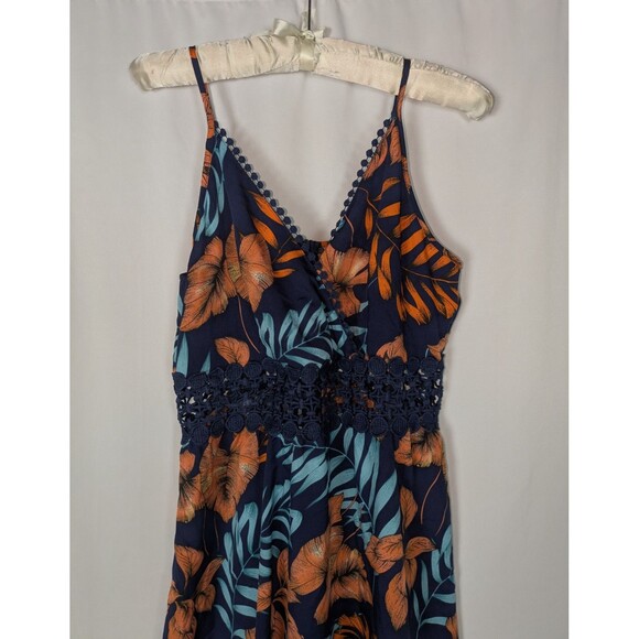 Cupshe Dress M Women's Blue Tropical Vneck Sleeveless Crochet A Line Mini Woven - Picture 3 of 9